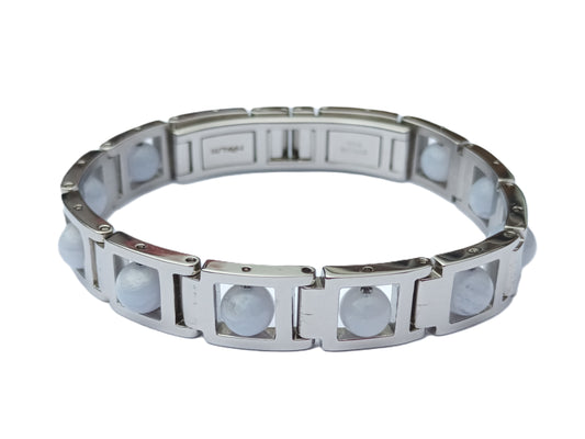 Stalen stoere armband met licht blauwe agaat edelstenen