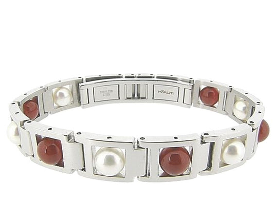 Stalen stoere armband met carneool edelstenen en echte parels